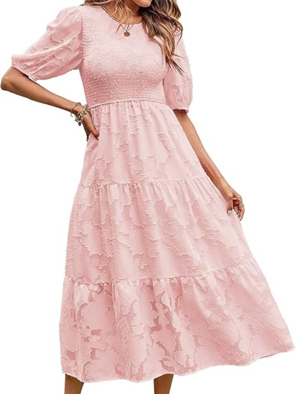 MEROKEETY Summer Lace Puff Sleeve Smocked Floral Midi Dress Size Small
